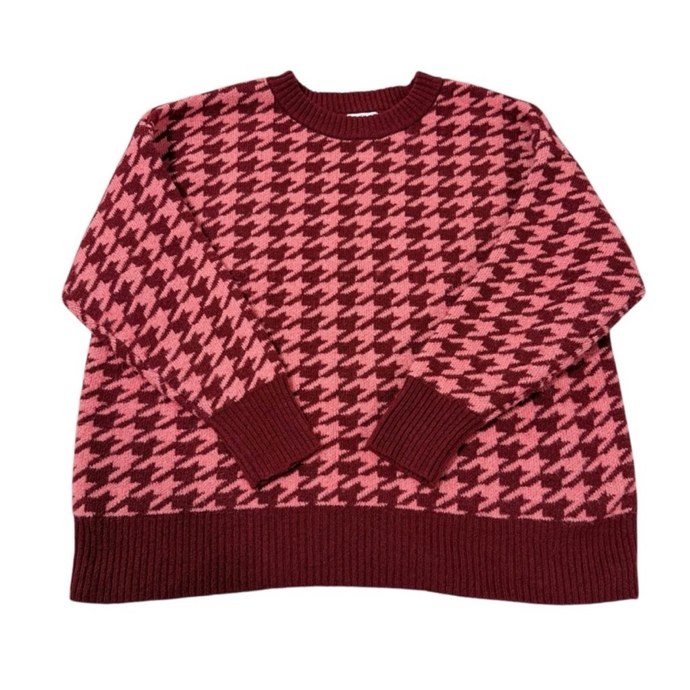 Ava & Viv Women’s Pink & Red Houndstooth Pullover Crewneck Sweater Size 2X - Picture 2 of 8